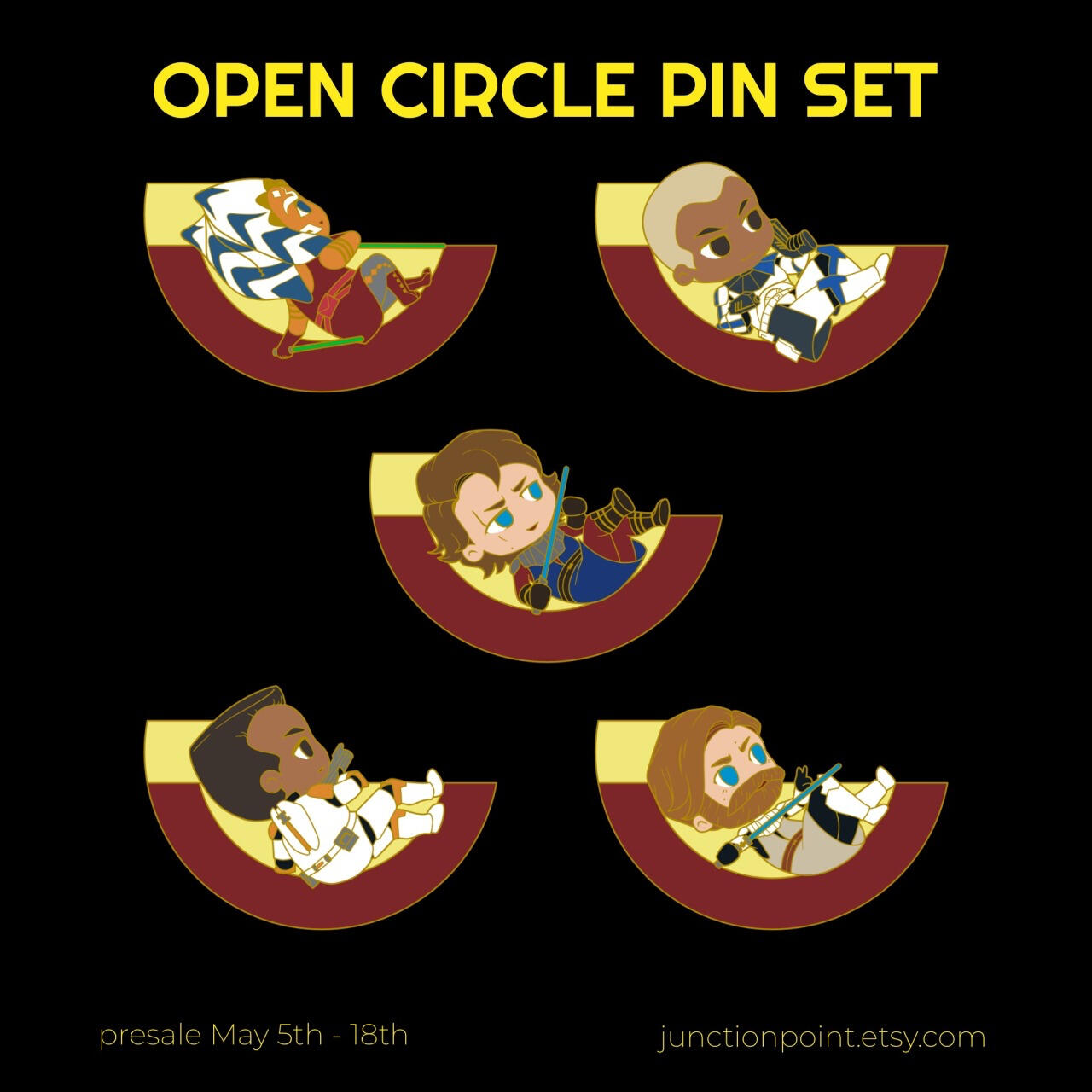 Mockup of enamel pin designs of chibi Clone Wars characters: Ahsoka, Rex, Anakin, Cody, and Obi-Wan. Each character is in a half circle of the Open Circle Fleet logo